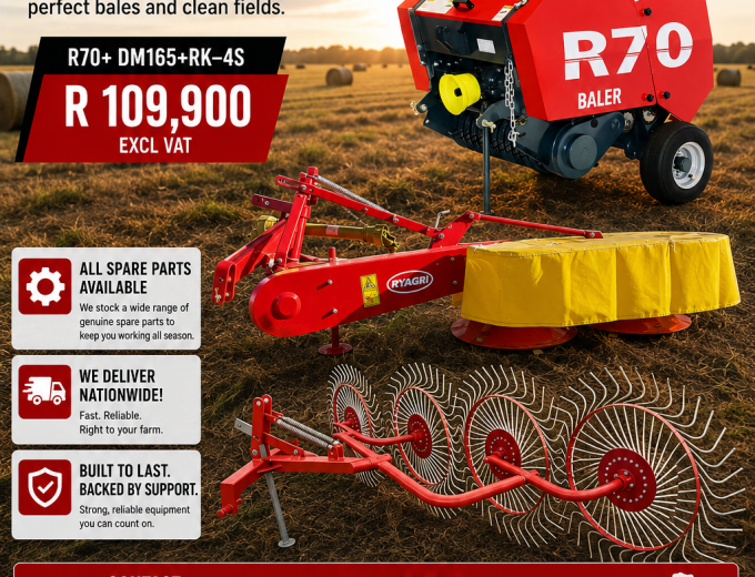 Haymaking Combo – R70 Mini Bale + 1,65m Drum Mower + 4 Wheel Rake